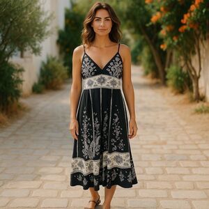 Magic Embroidered Black and White 100% Cotton Dress. Size Large.